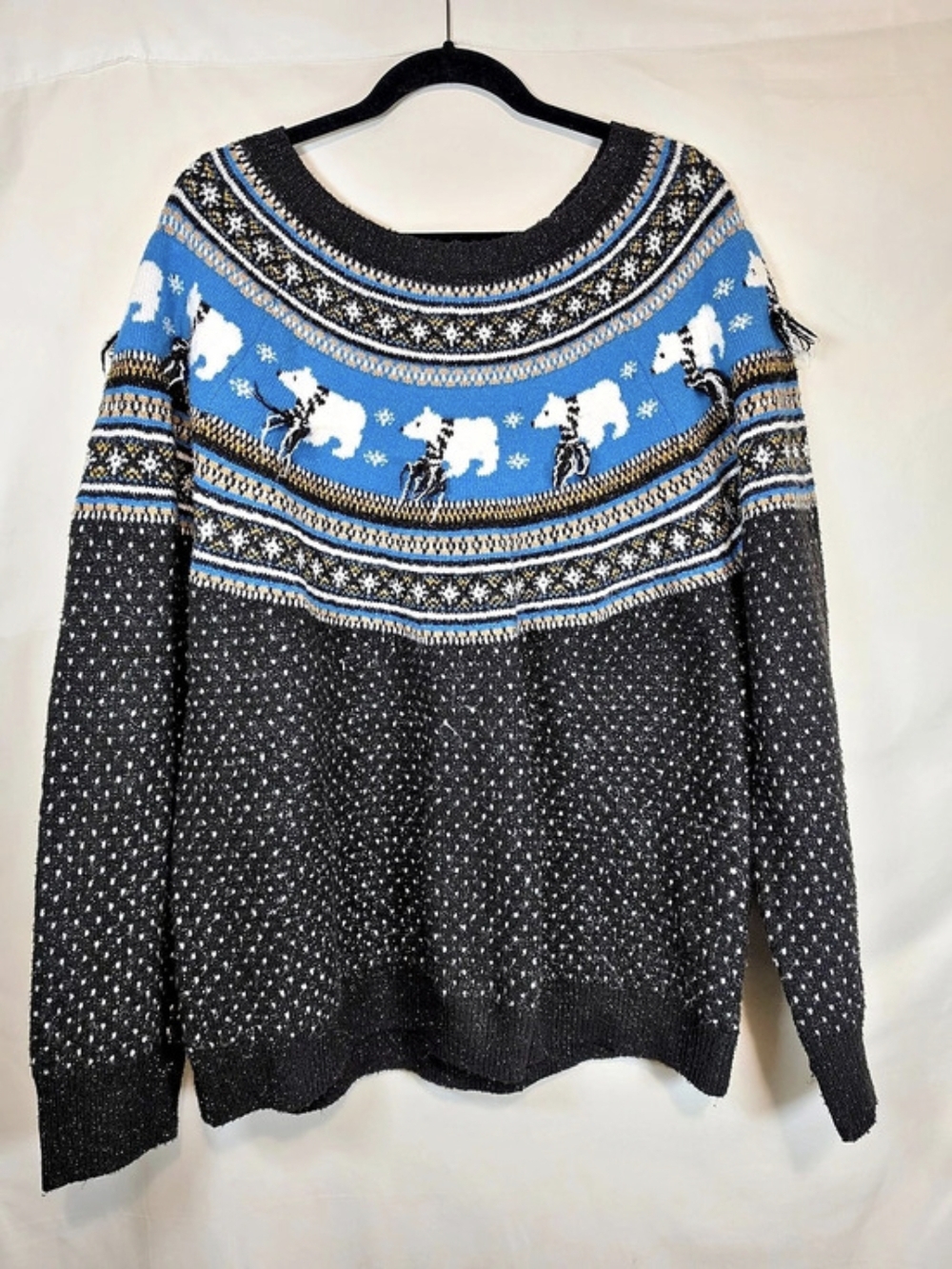 Holiday Time Polar Bear Fair Isle Christmas Sweater Black & Blue Size 1X